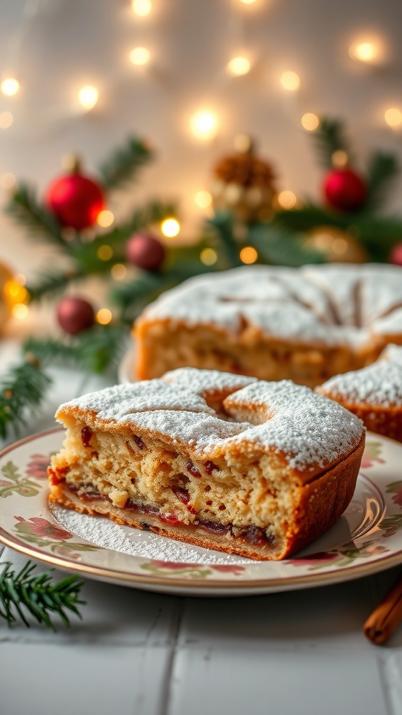 Christmas Aesthetic Nostalgia Recipe A nostalgic Christmas dessert dusted with powdered sugar on a festive table with lights and ornaments.